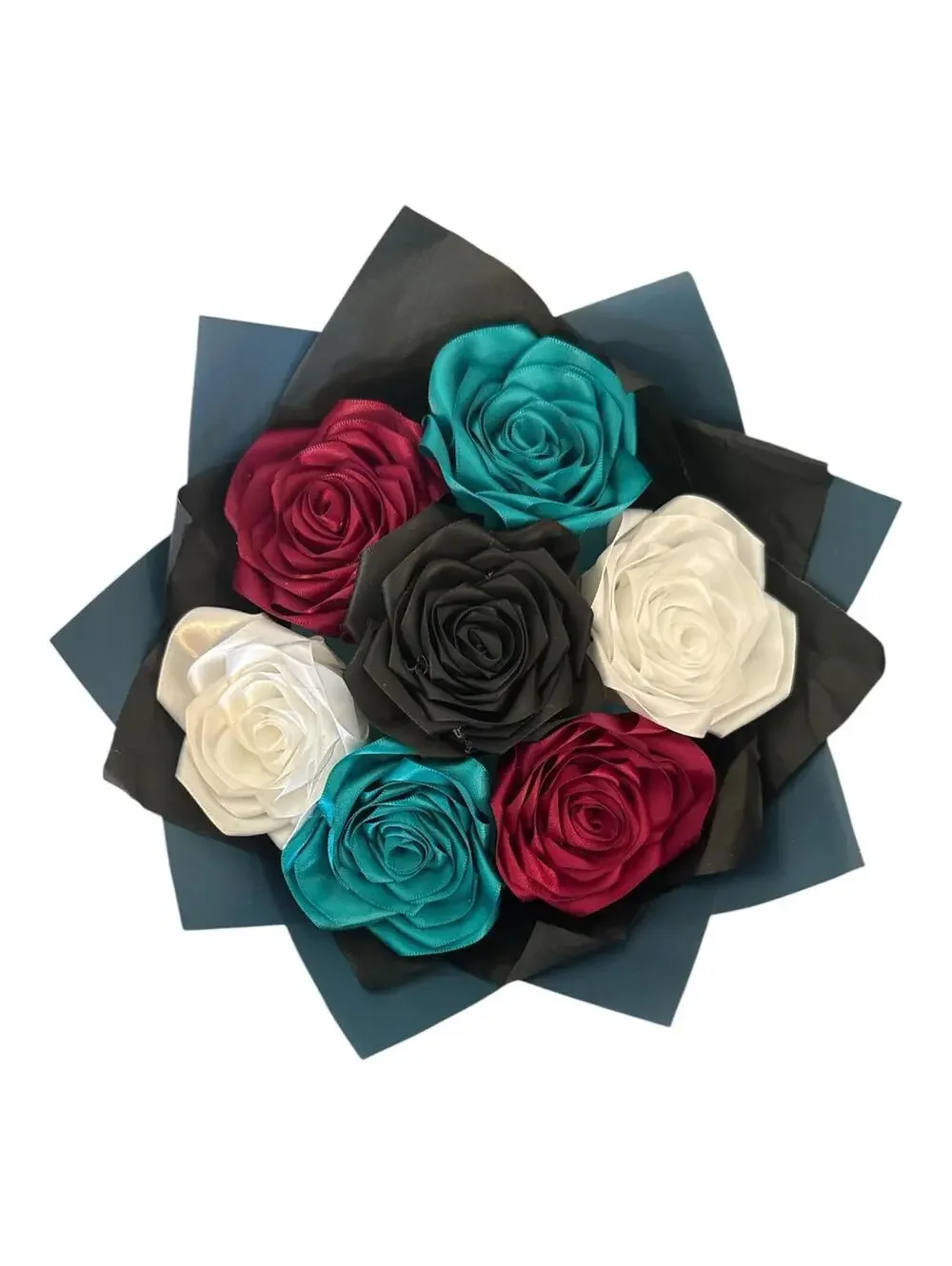 Handmade Satin Rose Bouquet in Teal, Burgundy, Black, and Cream